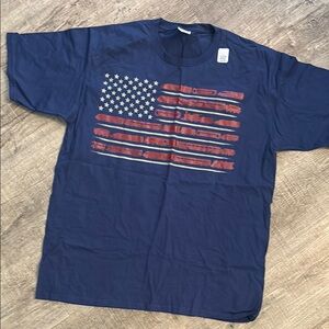 Train Design Navy Blue Graphic T-Shirt with American Flag Design